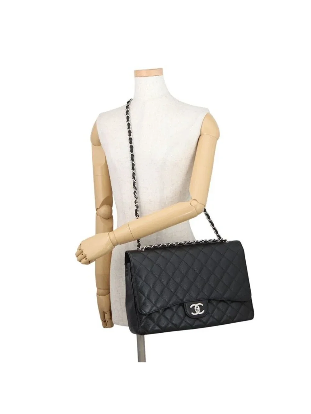 Chanel Chain Shoulder Bag Quilted 34 CC Logo Maxi Double Flap Caviar Leather